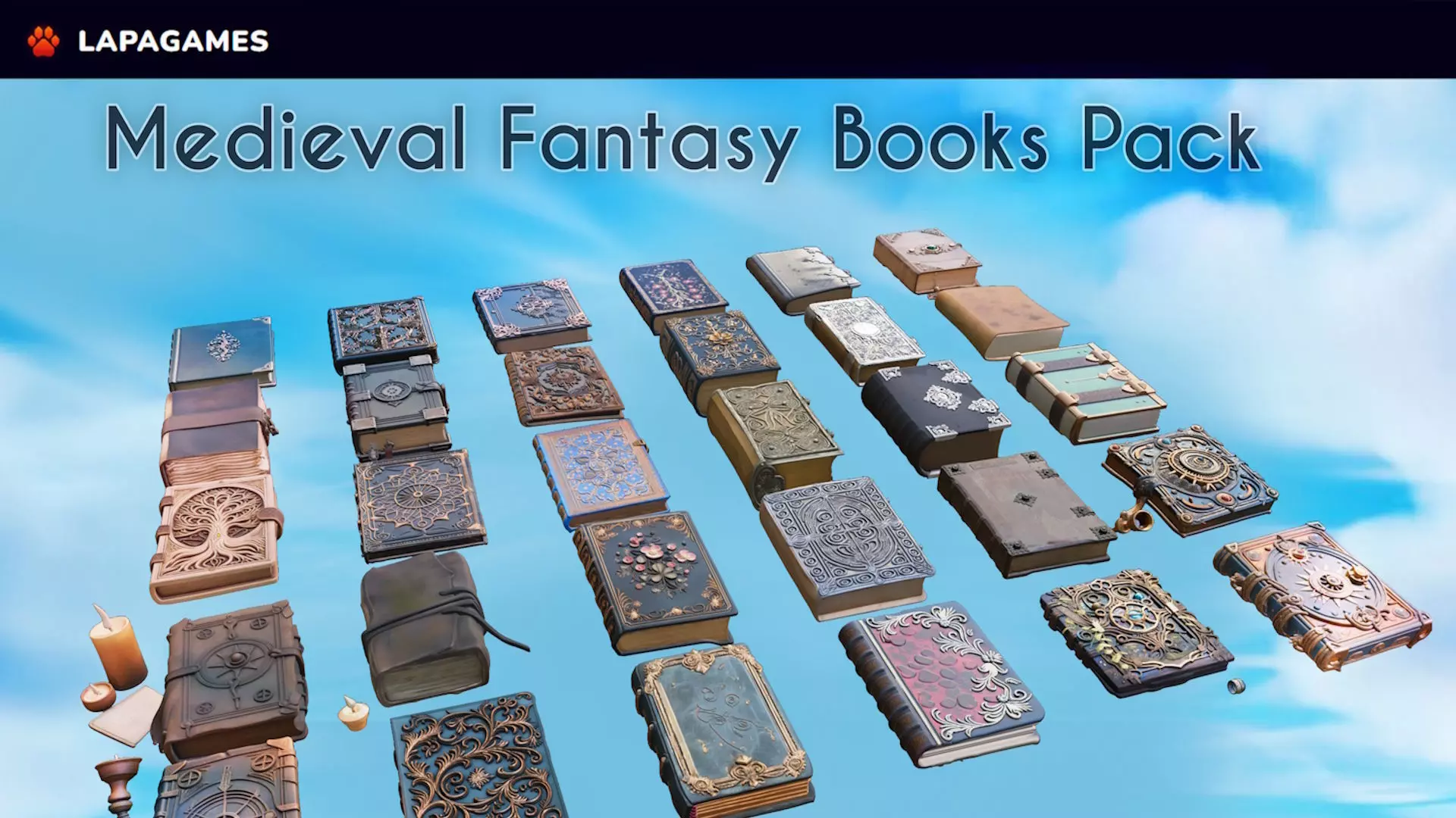 Medieval Fantasy Books Pack 30 AI Pieces 3D model_0