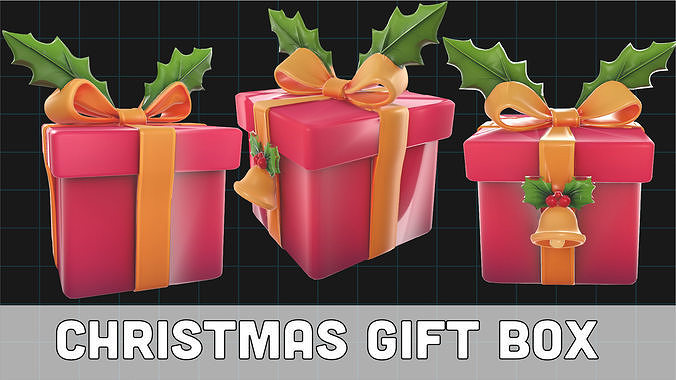 Christmas Gift Box Holiday Present with Holly Bell Ribbon Low-poly 3D model