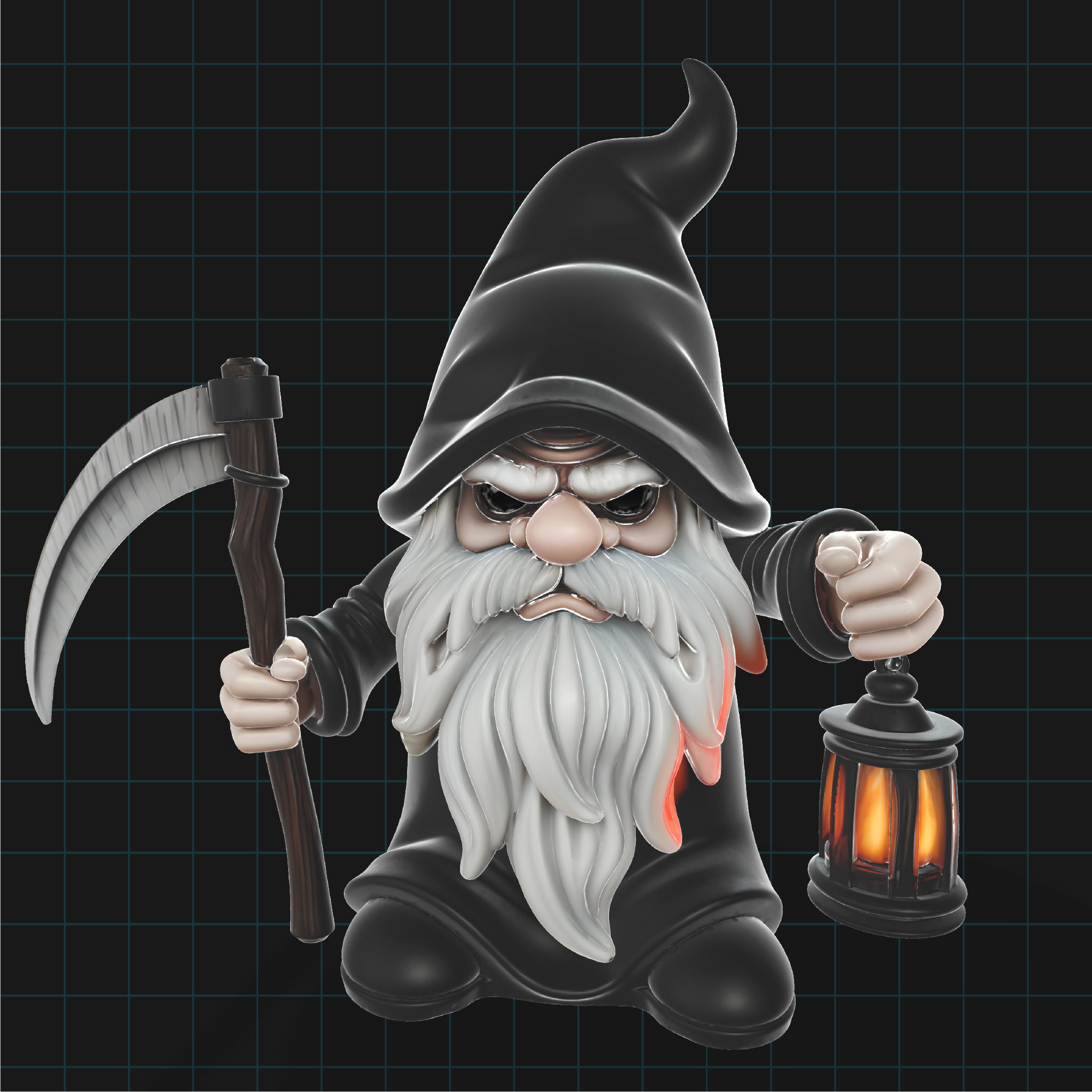 Grim Reaper Gnome Halloween Character with Scythe and Lantern 3D model_2