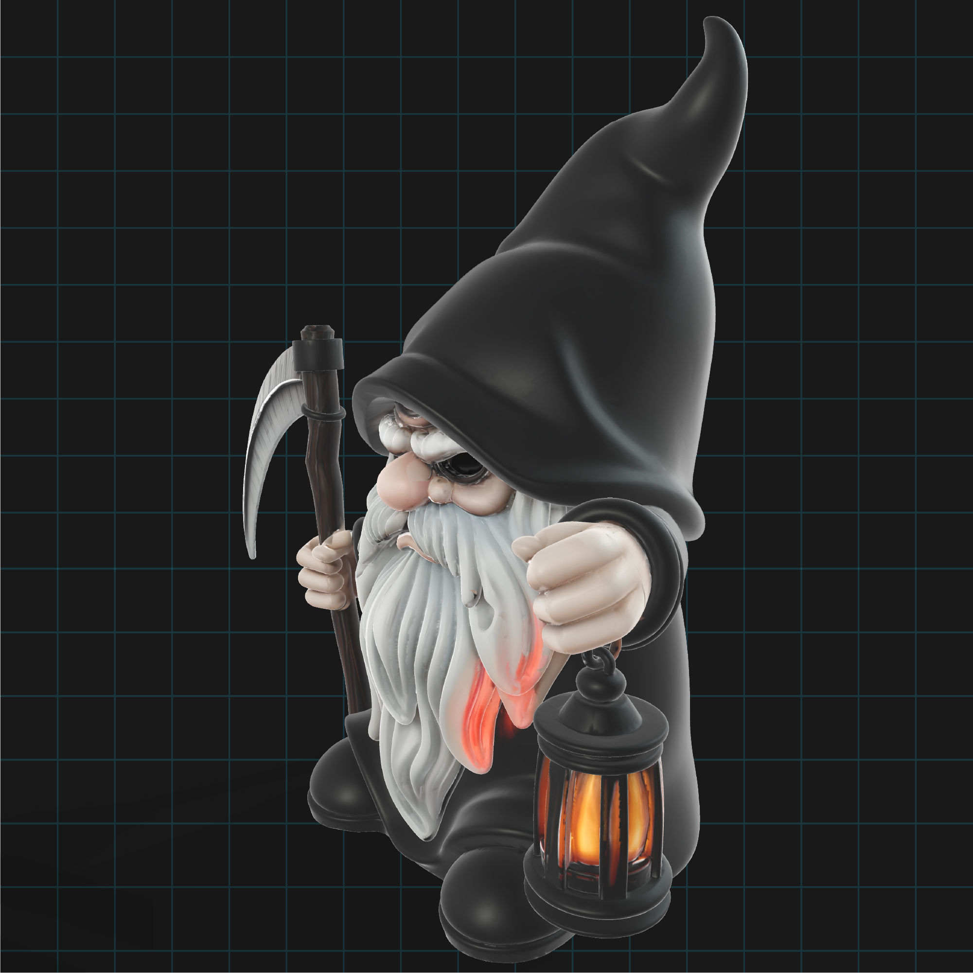 Grim Reaper Gnome Halloween Character with Scythe and Lantern 3D model_4
