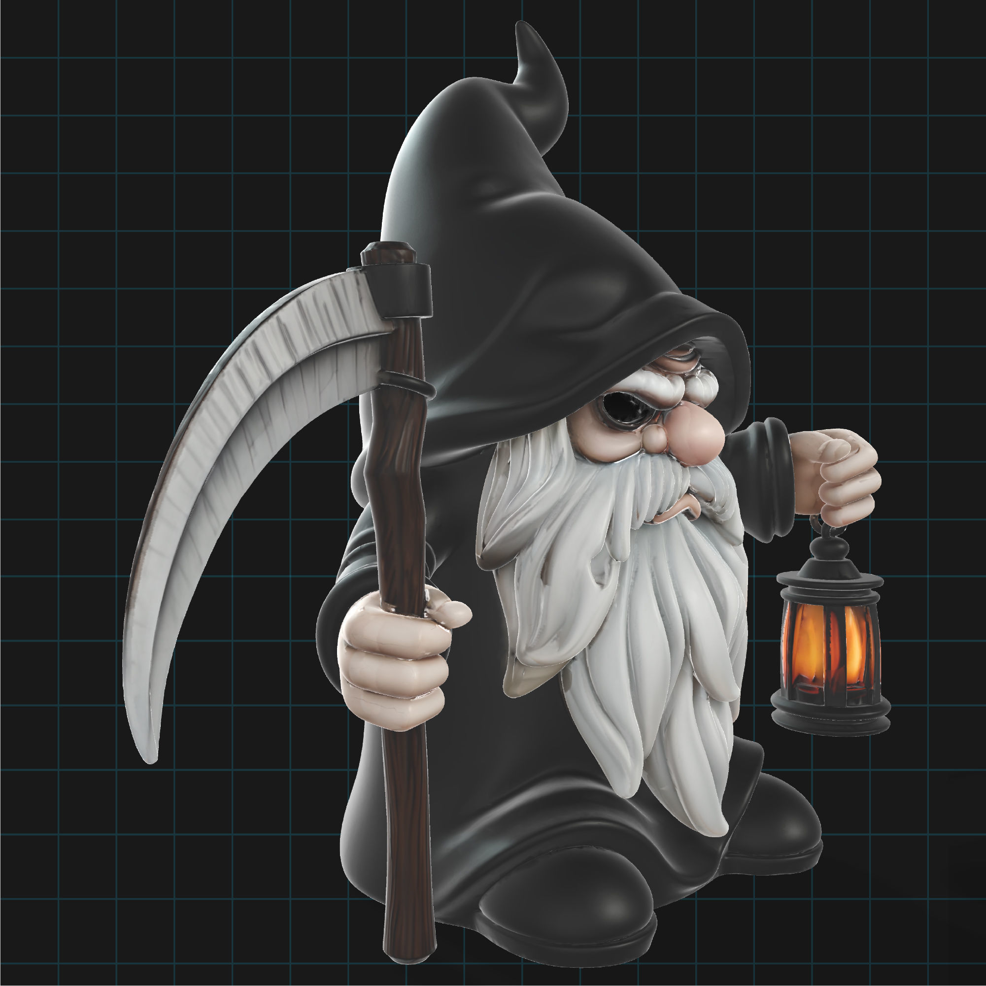 Grim Reaper Gnome Halloween Character with Scythe and Lantern 3D model_3