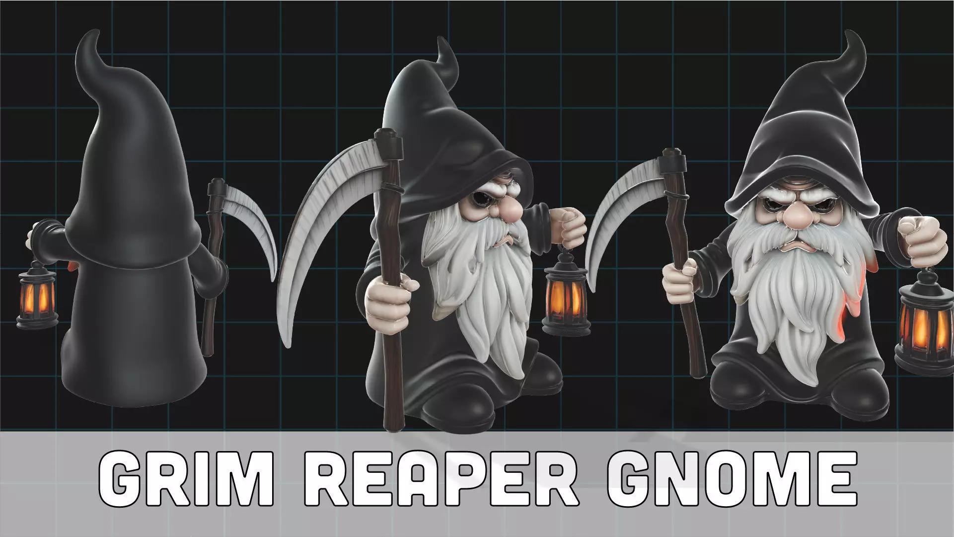 Grim Reaper Gnome Halloween Character with Scythe and Lantern 3D model_0