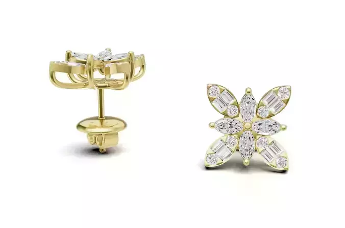 Floral Cluster Diamond Stud Marquise and baguette Diamond