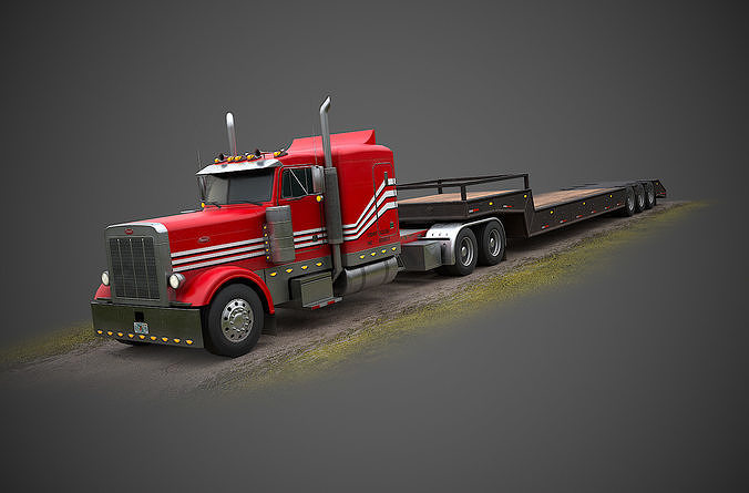 1992 Peterbilt 379 Flat Top With Lowboy Trailer Low-poly 3D model