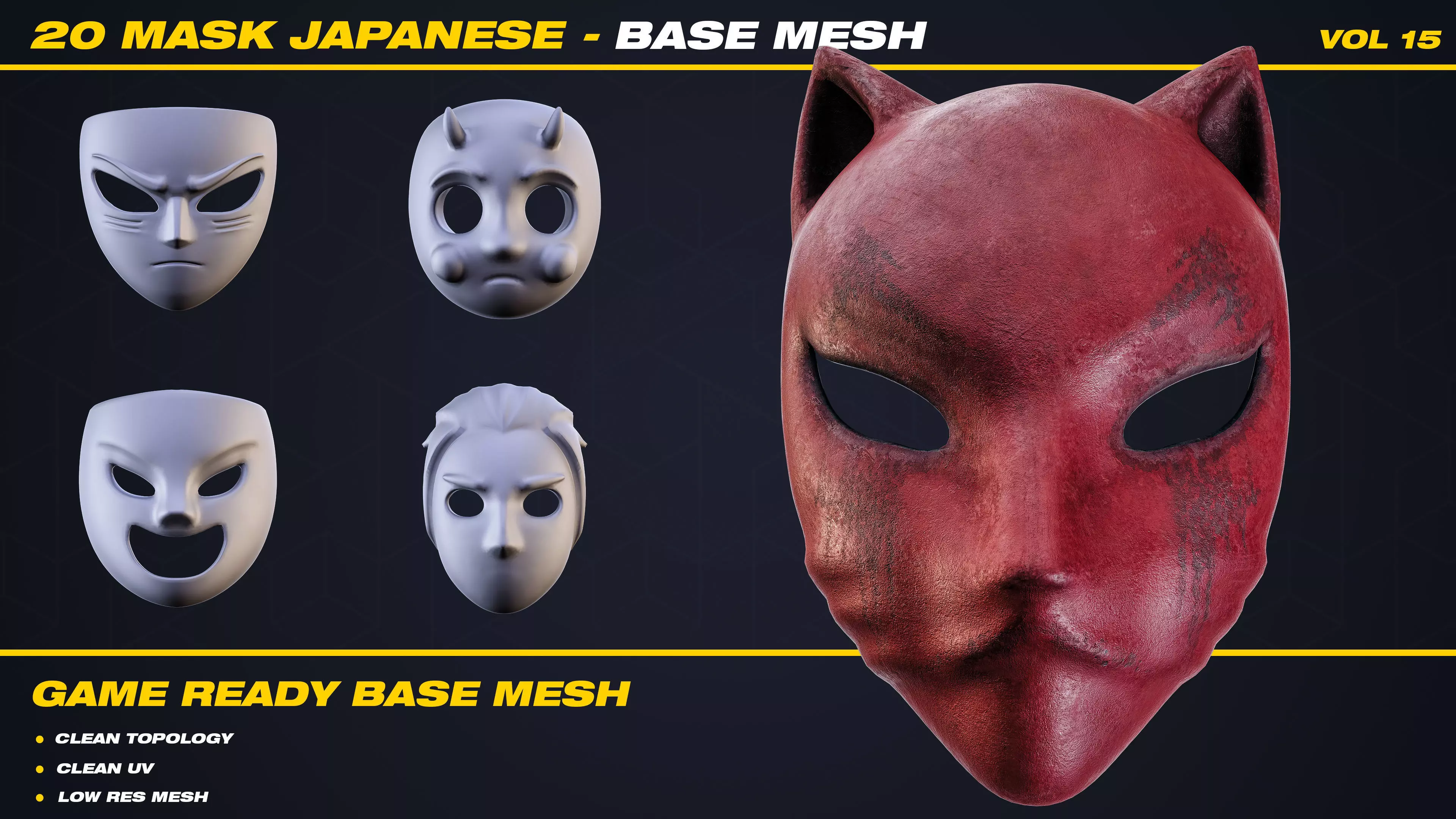 20 Mask Japanese Base Mesh - VOL 15 - Game Ready Low-poly 3D model_0