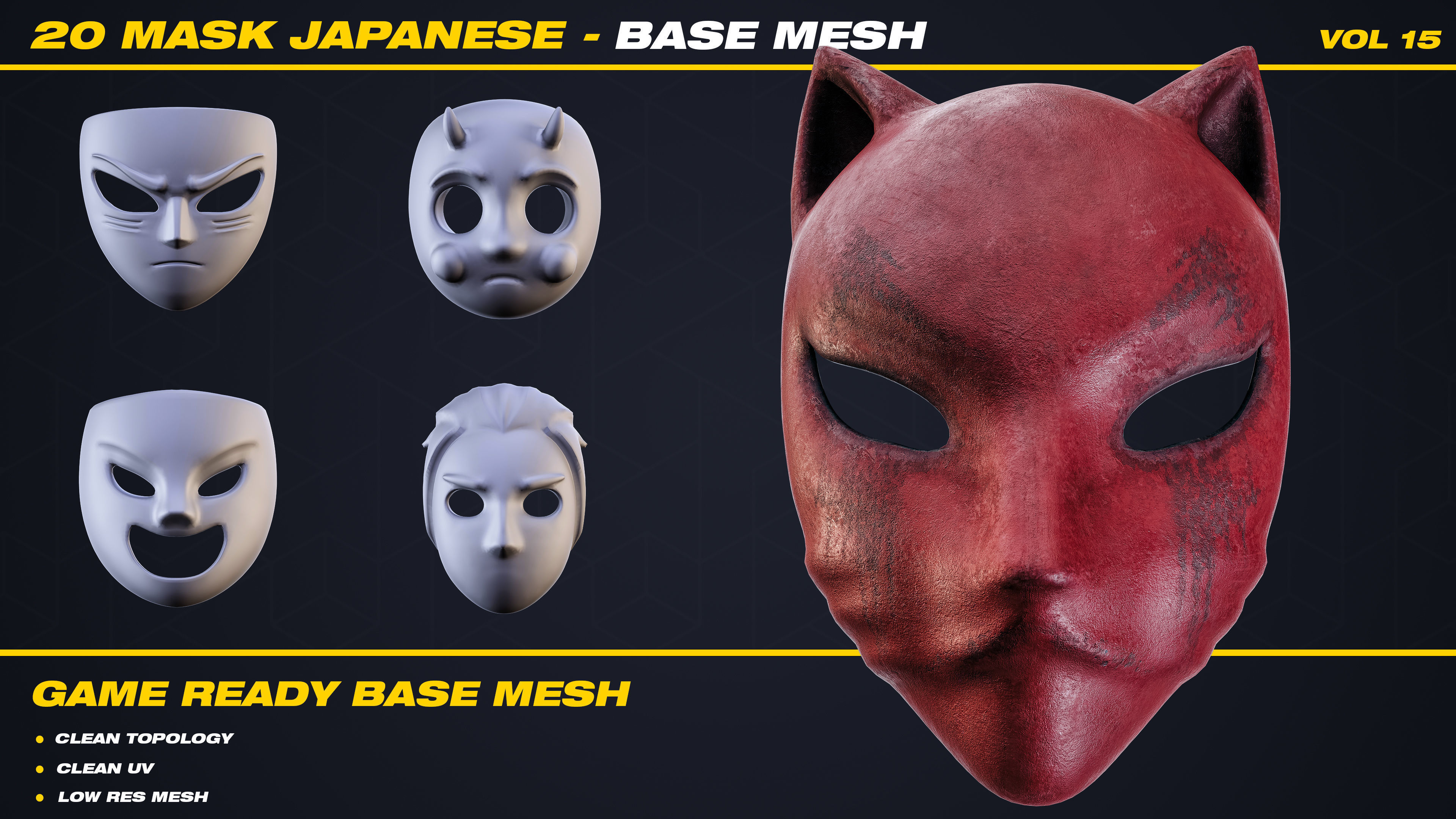 20 Mask Japanese Base Mesh - VOL 15 - Game Ready Low-poly 3D model_5