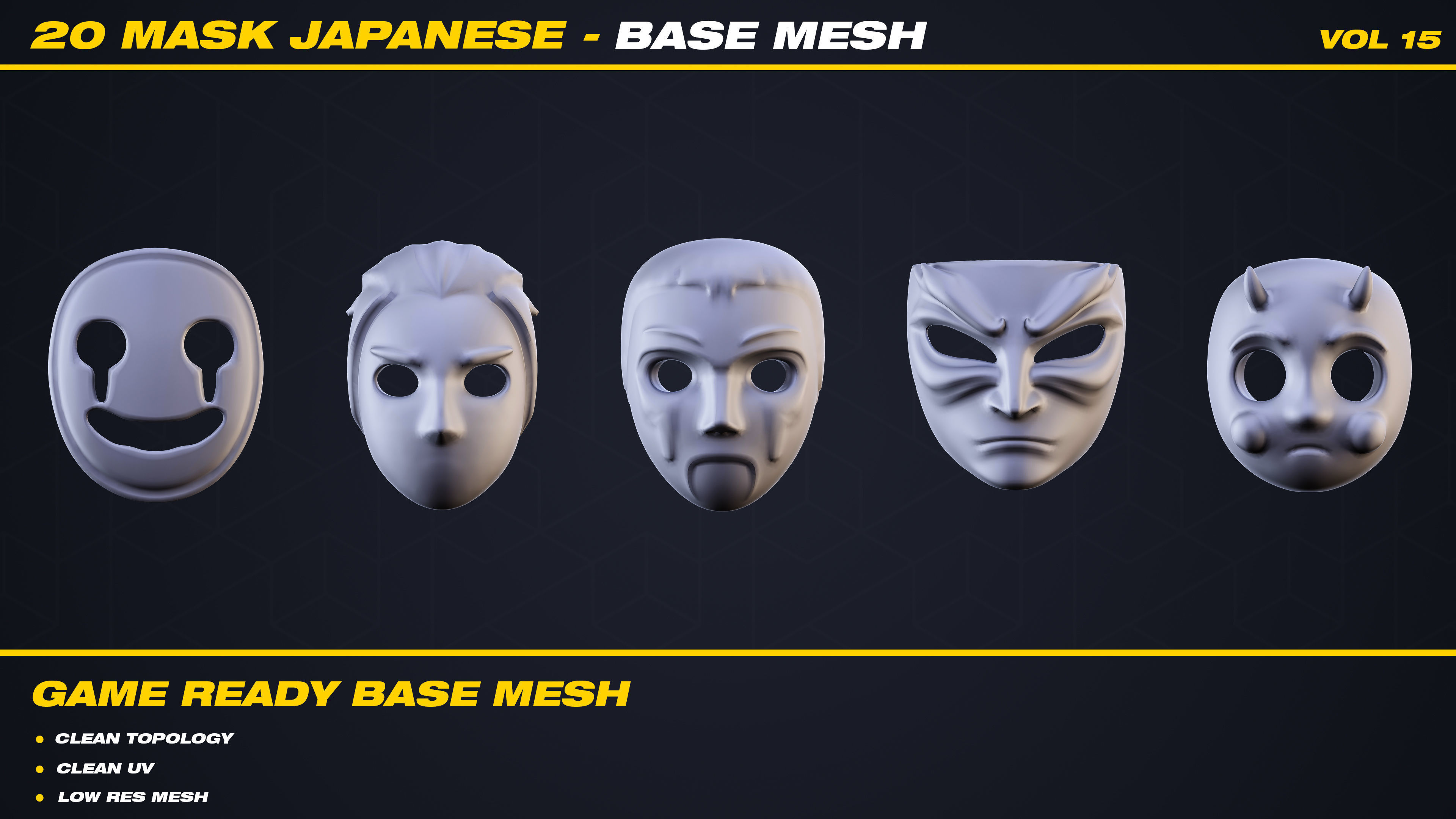 20 Mask Japanese Base Mesh - VOL 15 - Game Ready Low-poly 3D model_7