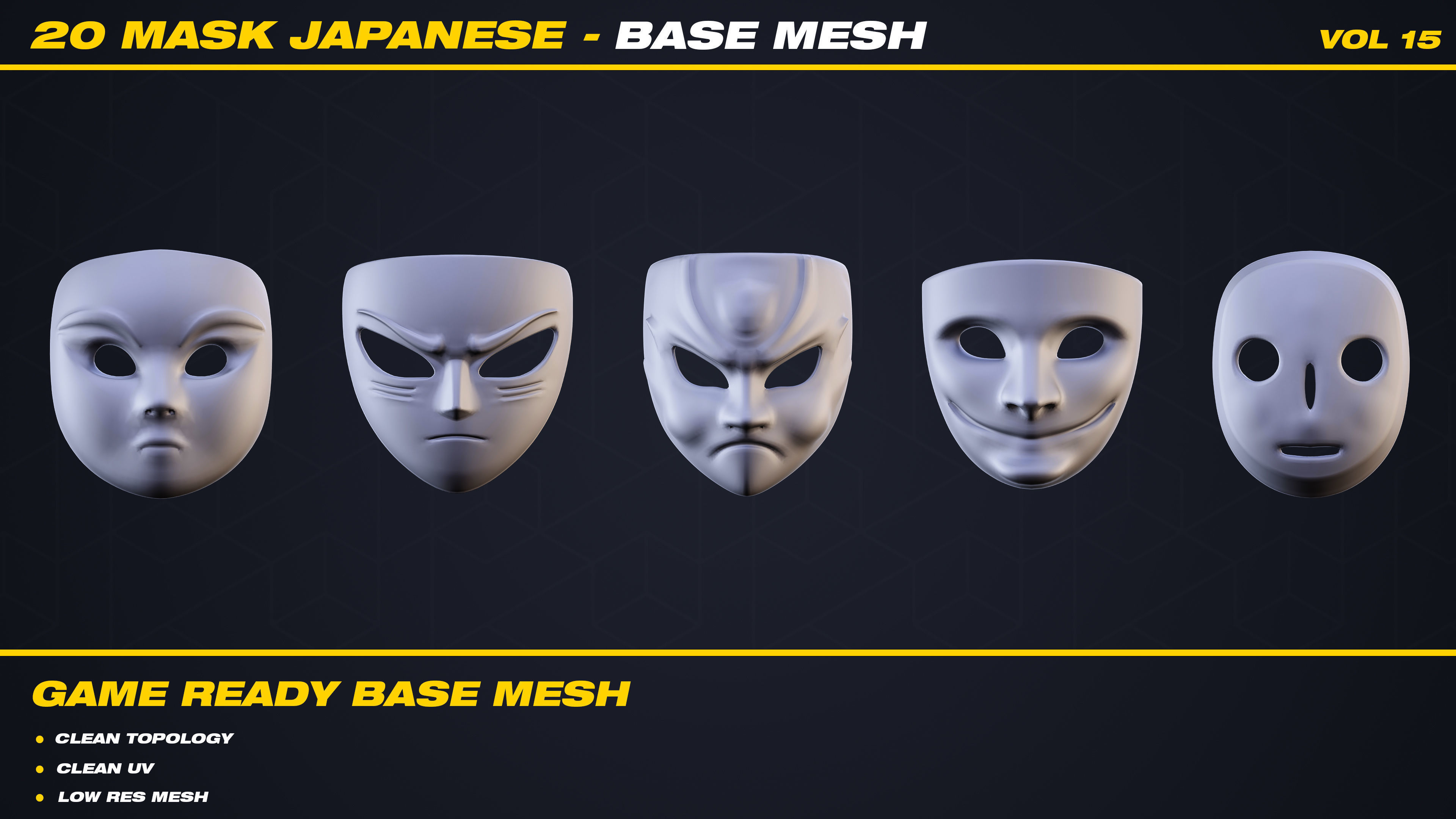 20 Mask Japanese Base Mesh - VOL 15 - Game Ready Low-poly 3D model_1
