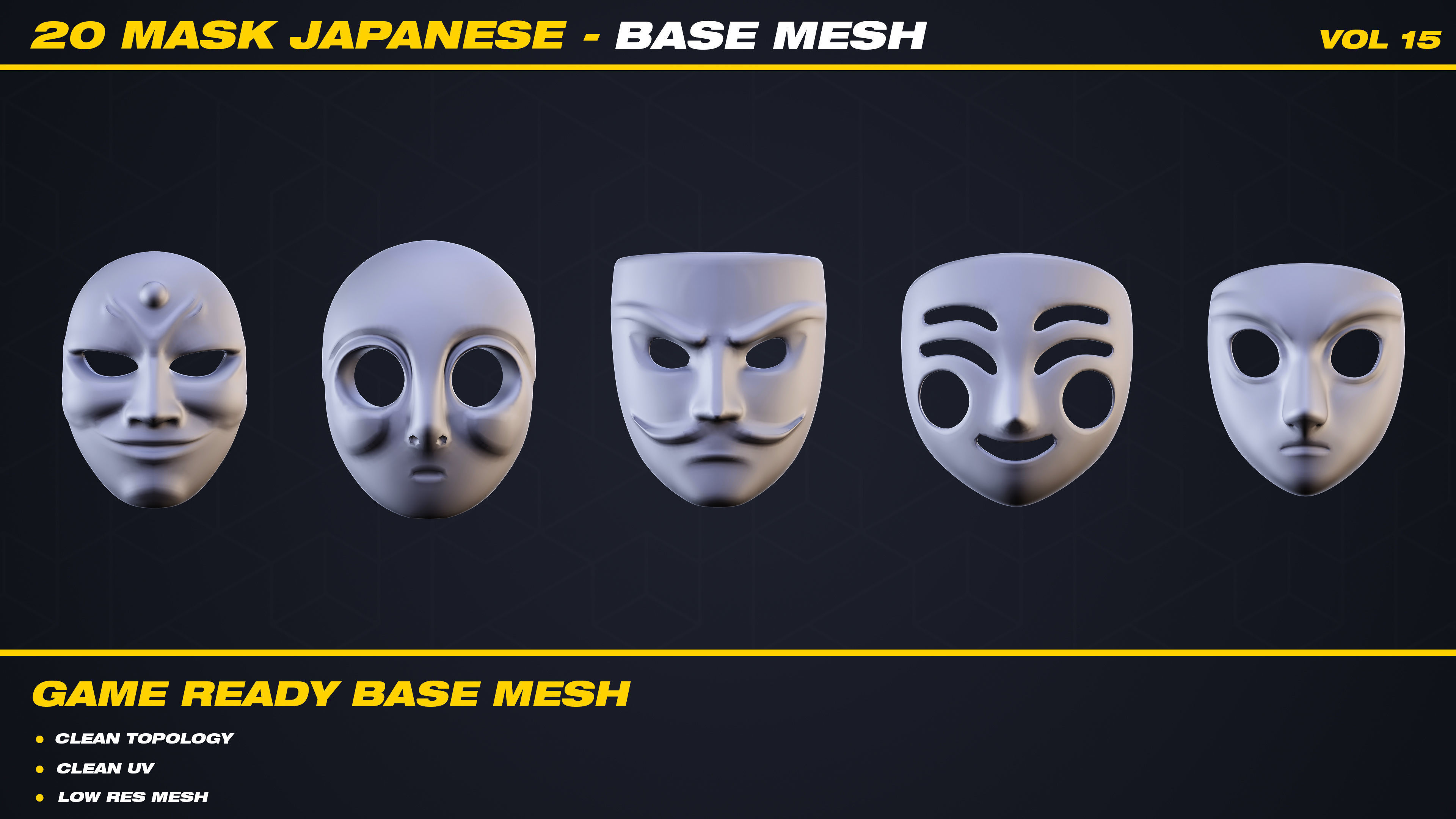 20 Mask Japanese Base Mesh - VOL 15 - Game Ready Low-poly 3D model_3