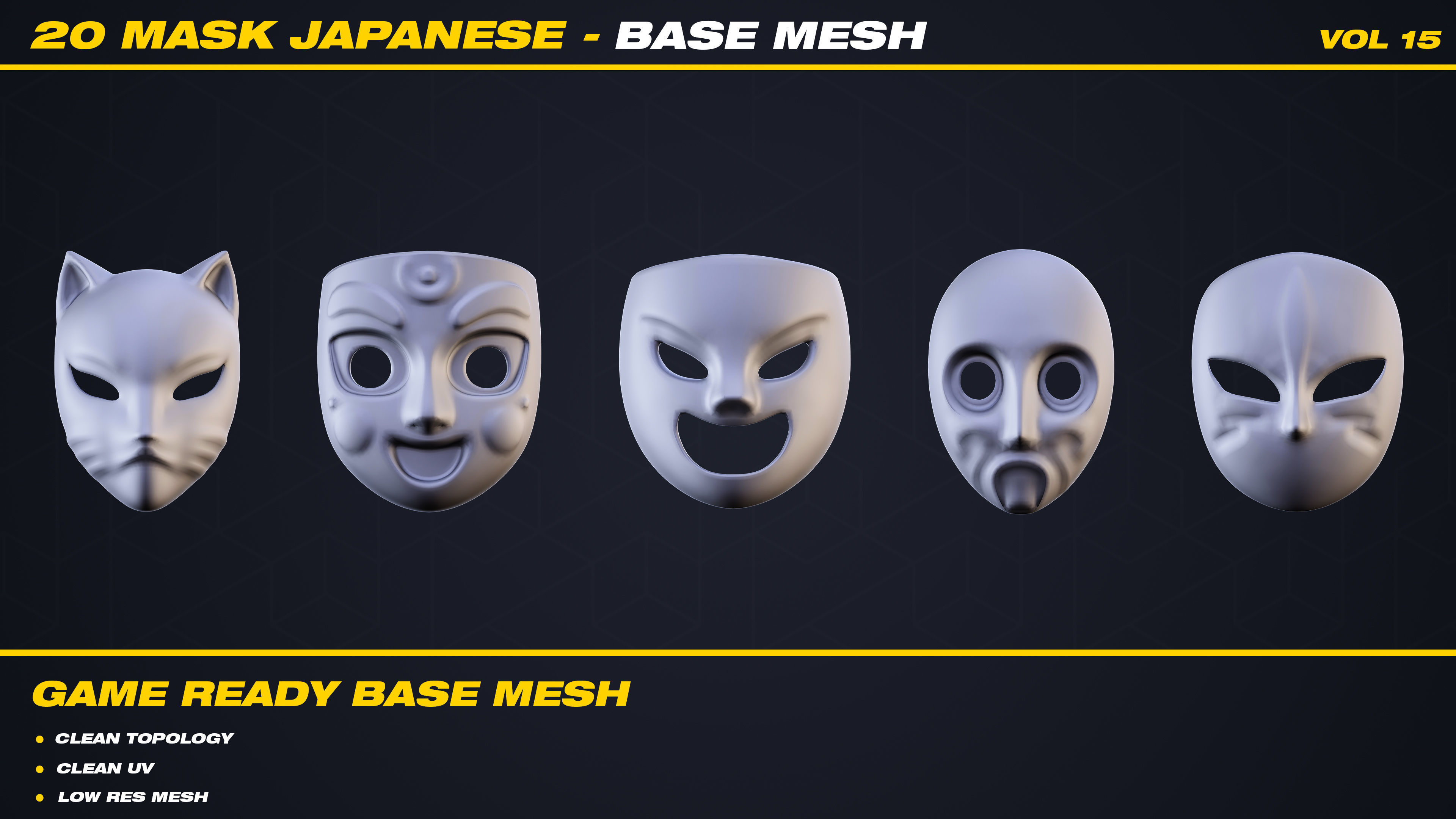 20 Mask Japanese Base Mesh - VOL 15 - Game Ready Low-poly 3D model_4