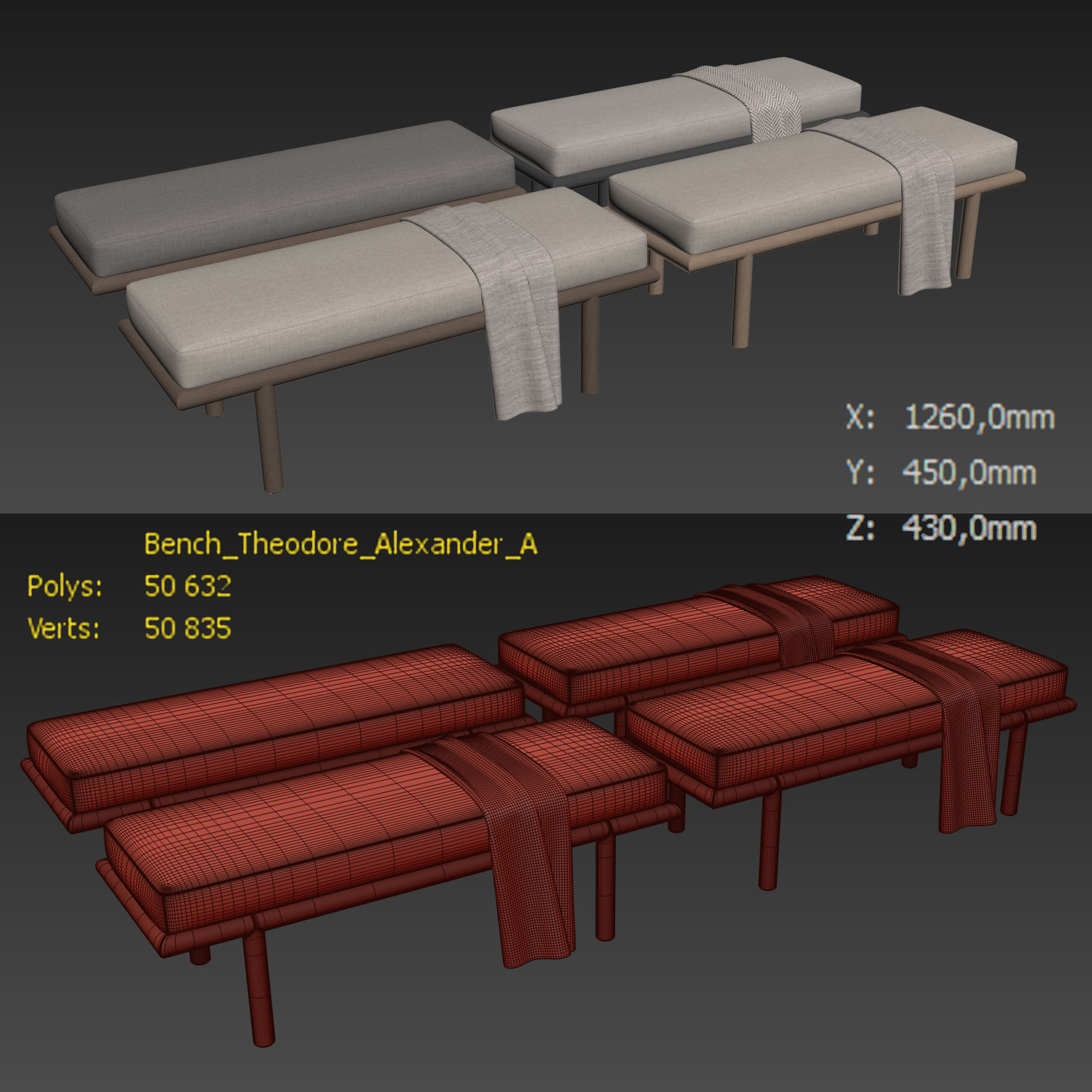 Upholstered Bench By Theodore Alexander 3D model_6