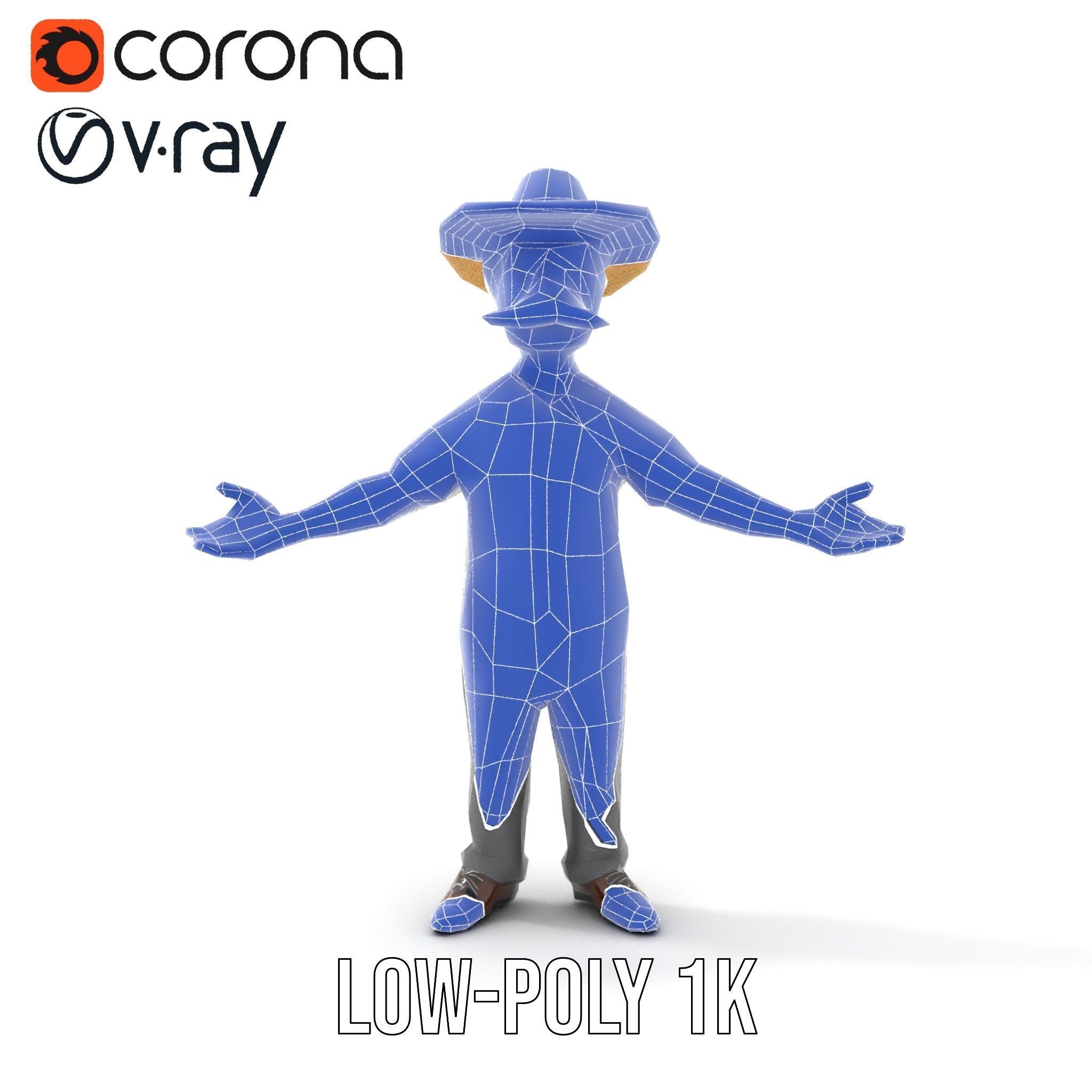 Cartoon Cowboy with Mustache Rigged and Animated Low-poly 3D model_30