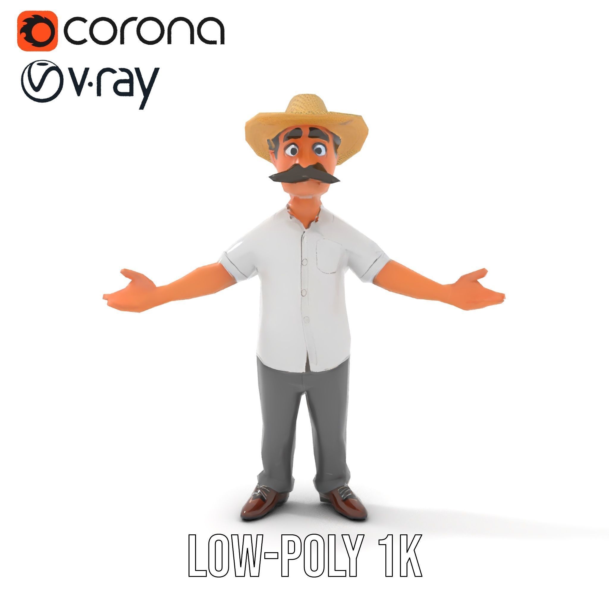 Cartoon Cowboy with Mustache Rigged and Animated Low-poly 3D model_7