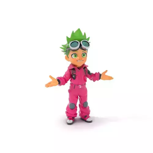 Energetic GreenHaired Boy with Goggles Rigged and Animated