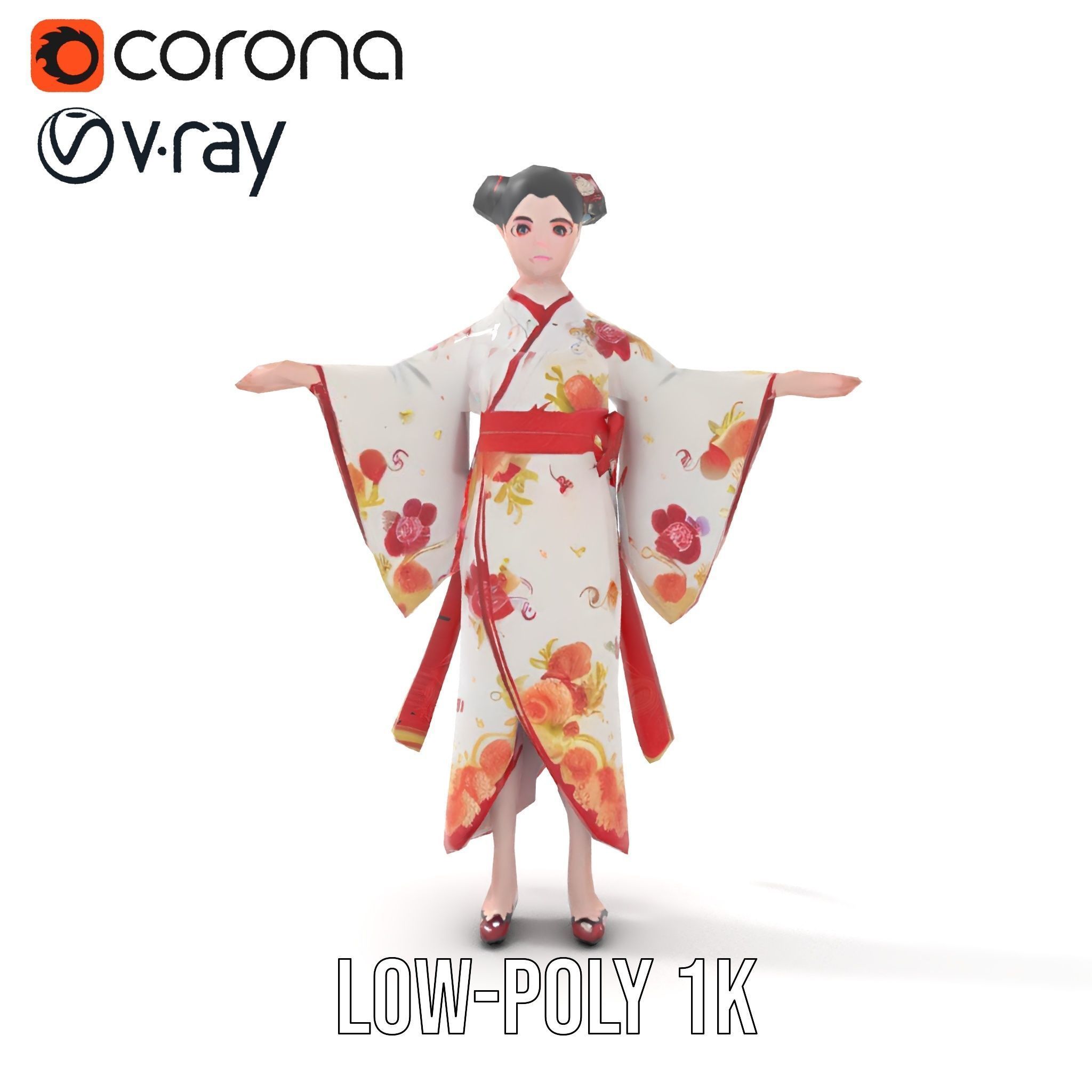 Elegant Geisha D Character Model Rigged and Animated Low-poly 3D model_8