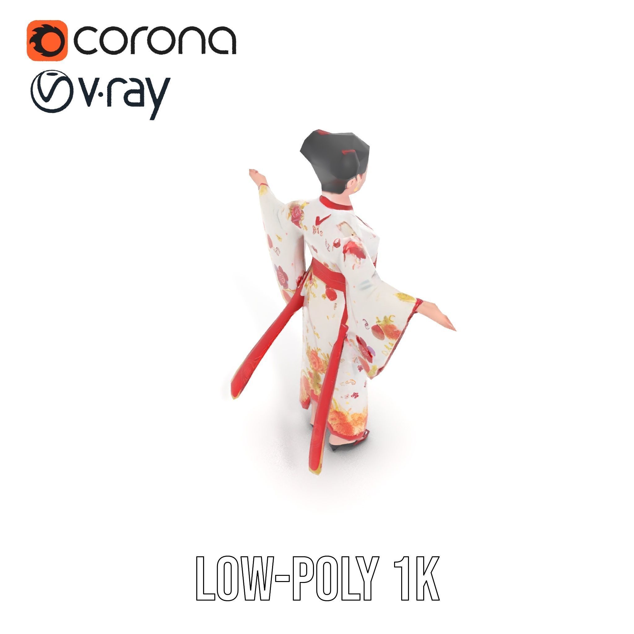 Elegant Geisha D Character Model Rigged and Animated Low-poly 3D model_7