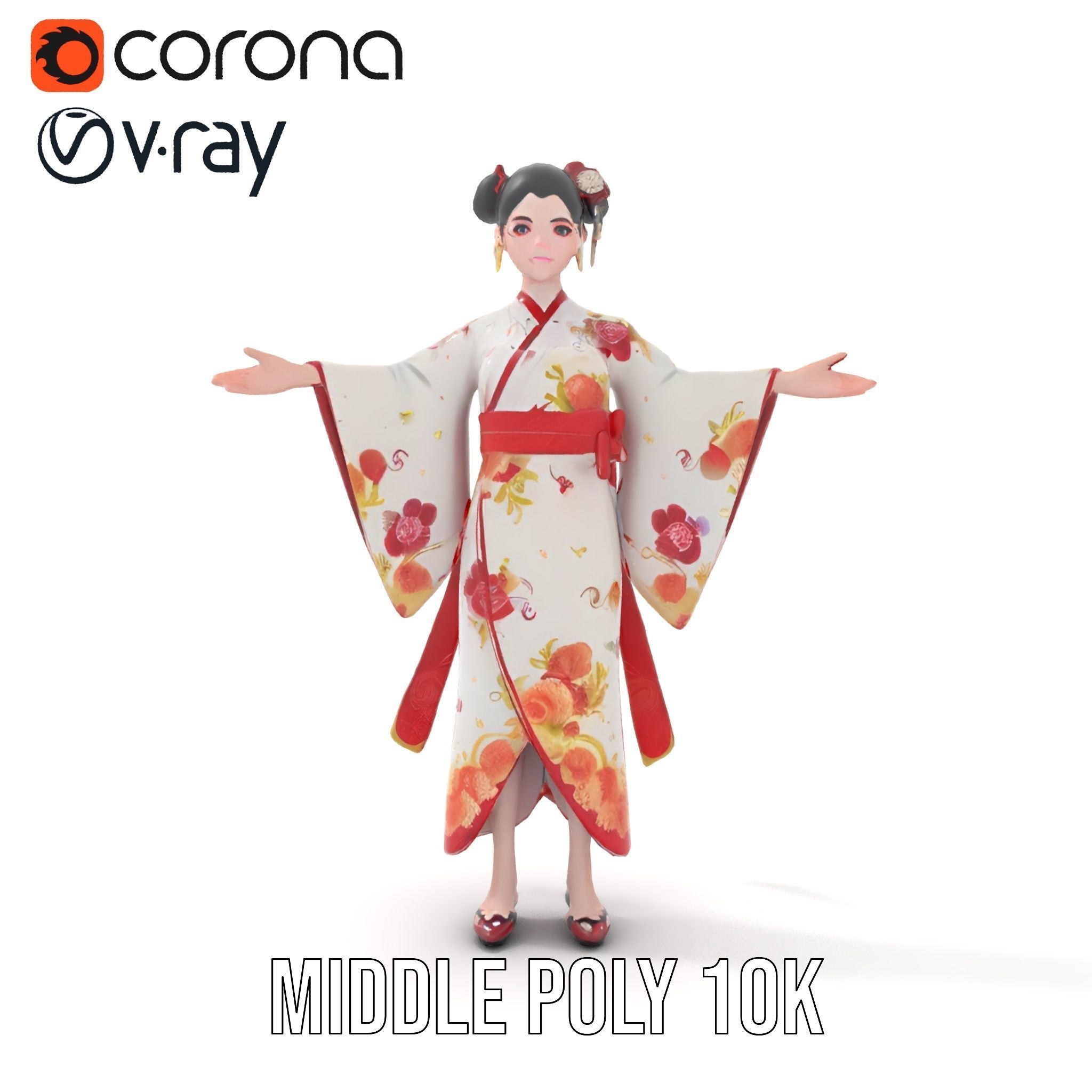 Elegant Geisha D Character Model Rigged and Animated Low-poly 3D model_26