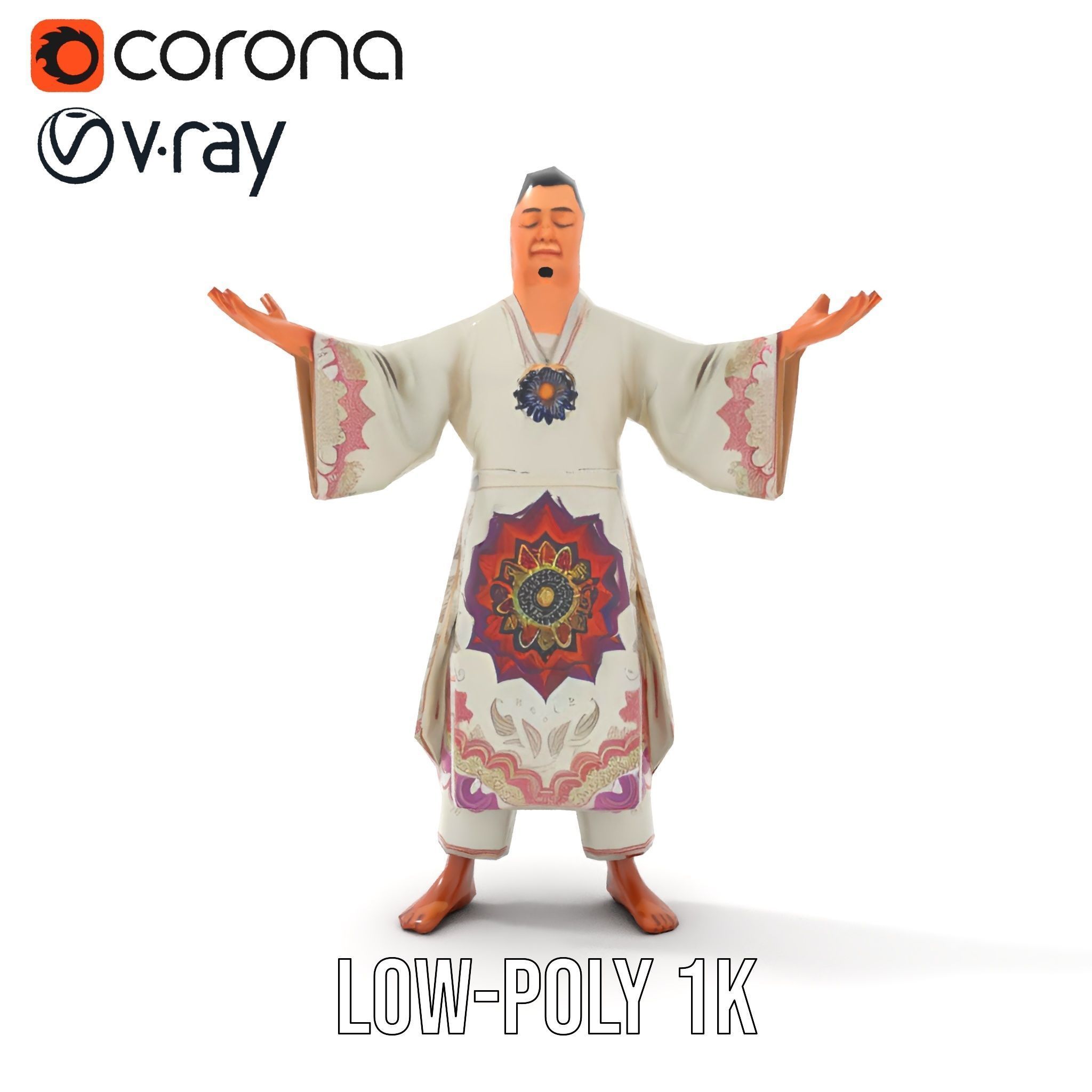 Serene Monk Character Model Rigged and Animated Low-poly 3D model_27