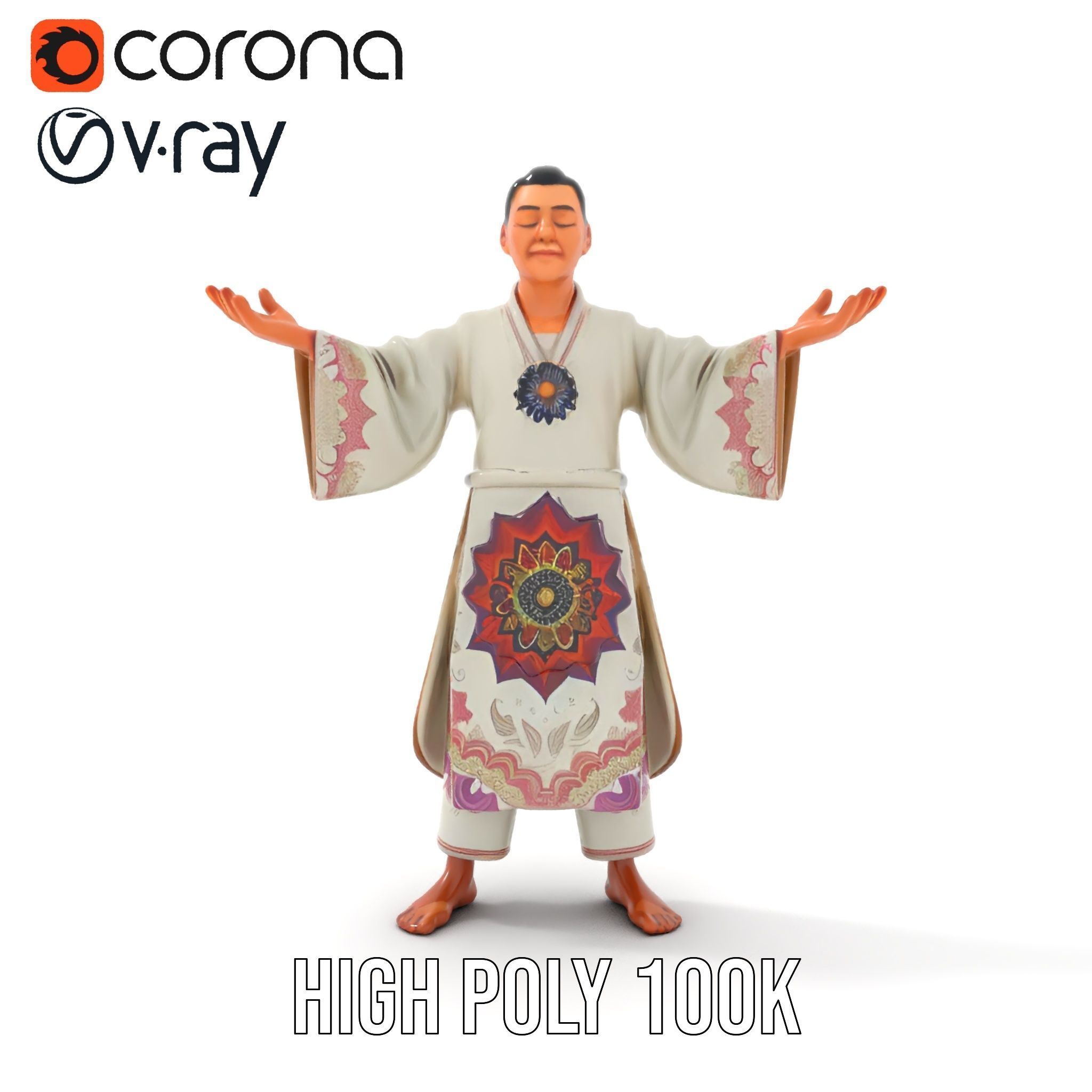 Serene Monk Character Model Rigged and Animated Low-poly 3D model_16