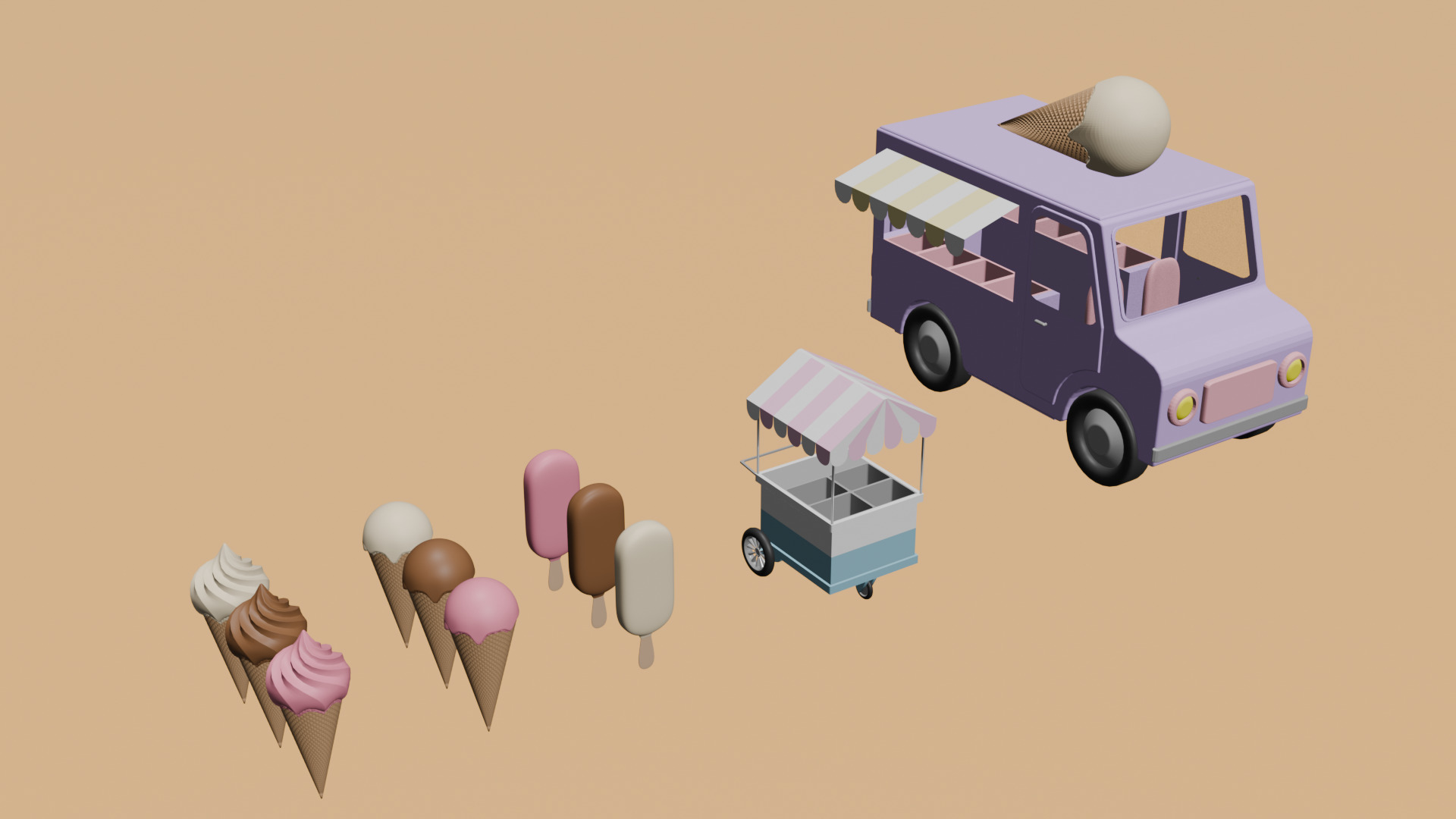Low poly ice creams cars and trucks Summer assets pack part II Low-poly 3D model_1
