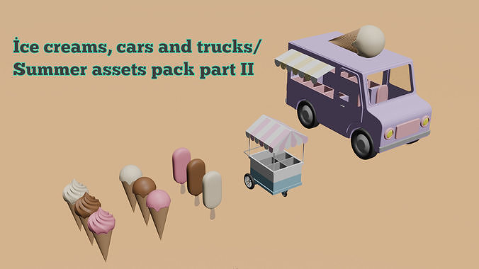 Low poly ice creams cars and trucks Summer assets pack part II Low-poly 3D model