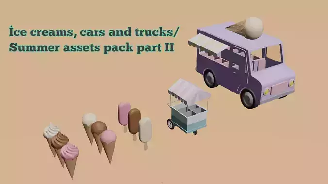 Low poly ice creams cars and trucks Summer assets pack part II
