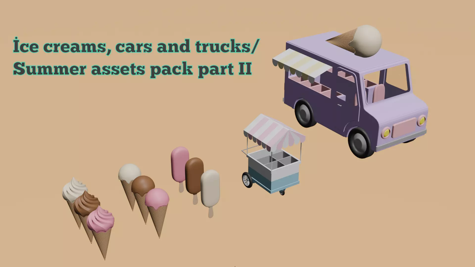 Low poly ice creams cars and trucks Summer assets pack part II Low-poly 3D model_0