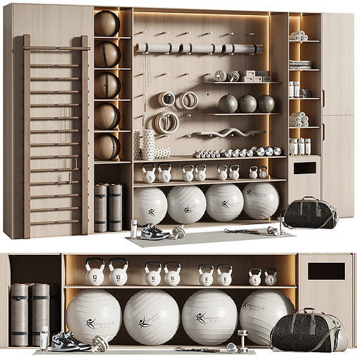 Home Gym Wall Rack with Equipment 04 3D model