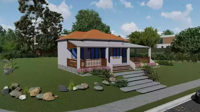 Realistic Bungalow House 3D Model  Single Storey with Veranda