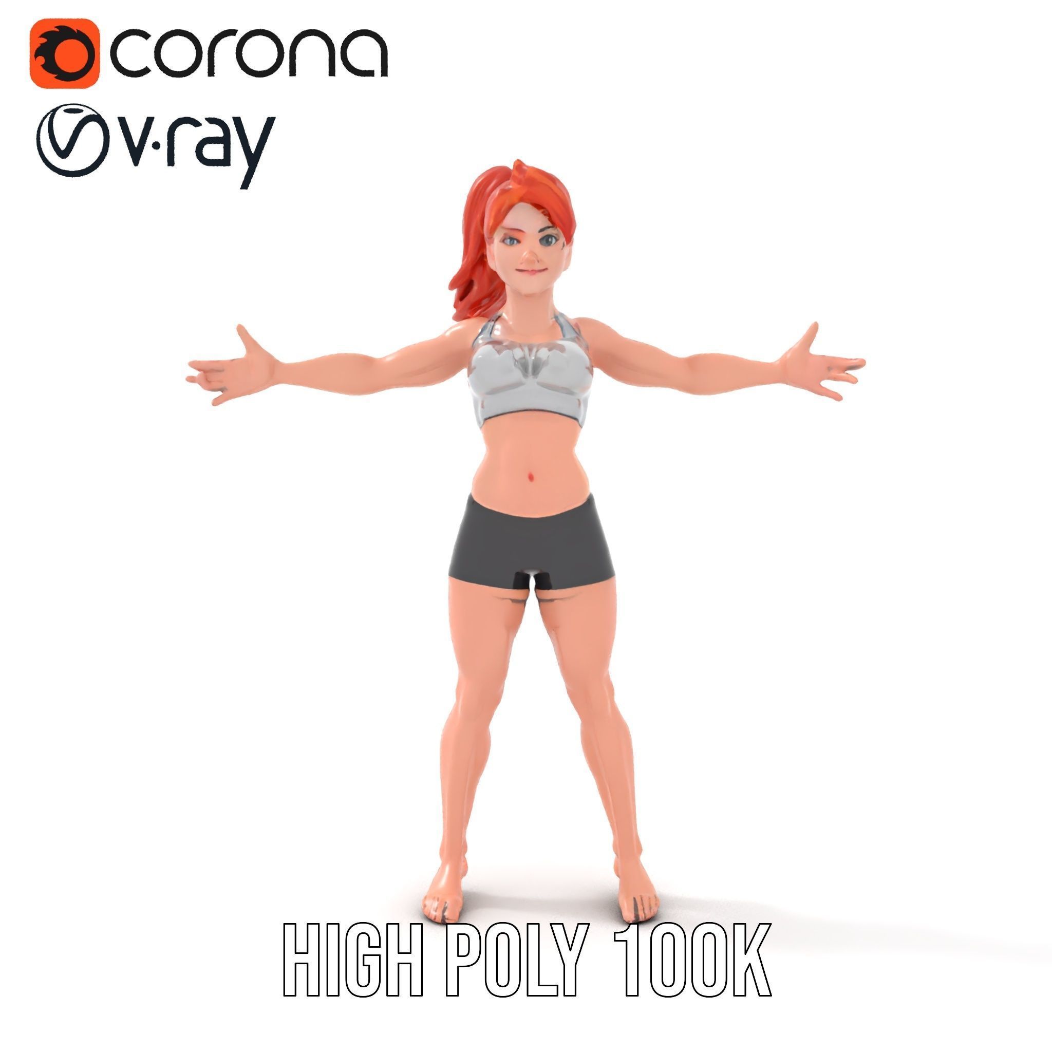 Redhead Athletic Female Character Rigged and Animated Low-poly 3D model_29
