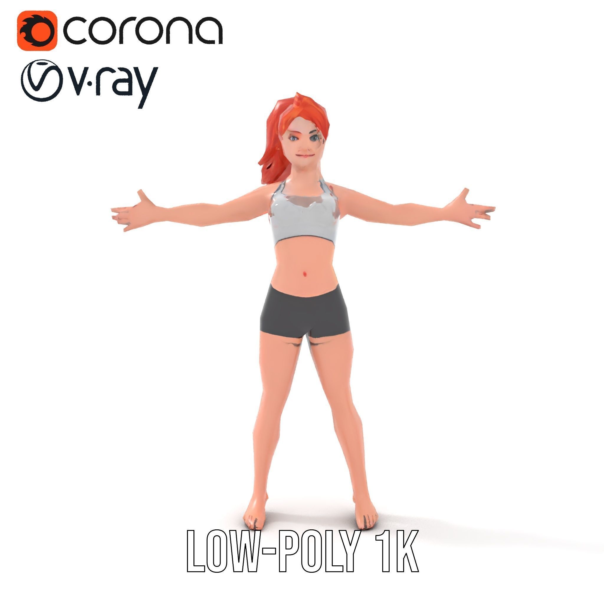 Redhead Athletic Female Character Rigged and Animated Low-poly 3D model_7