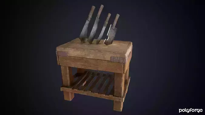 Medieval Butchers Block with Knives and Cleaver Set 3D Model Collection