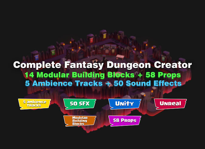 Complete Fantasy Dungeon Creator Modular 3D Assets Props Audio Low-poly 3D model