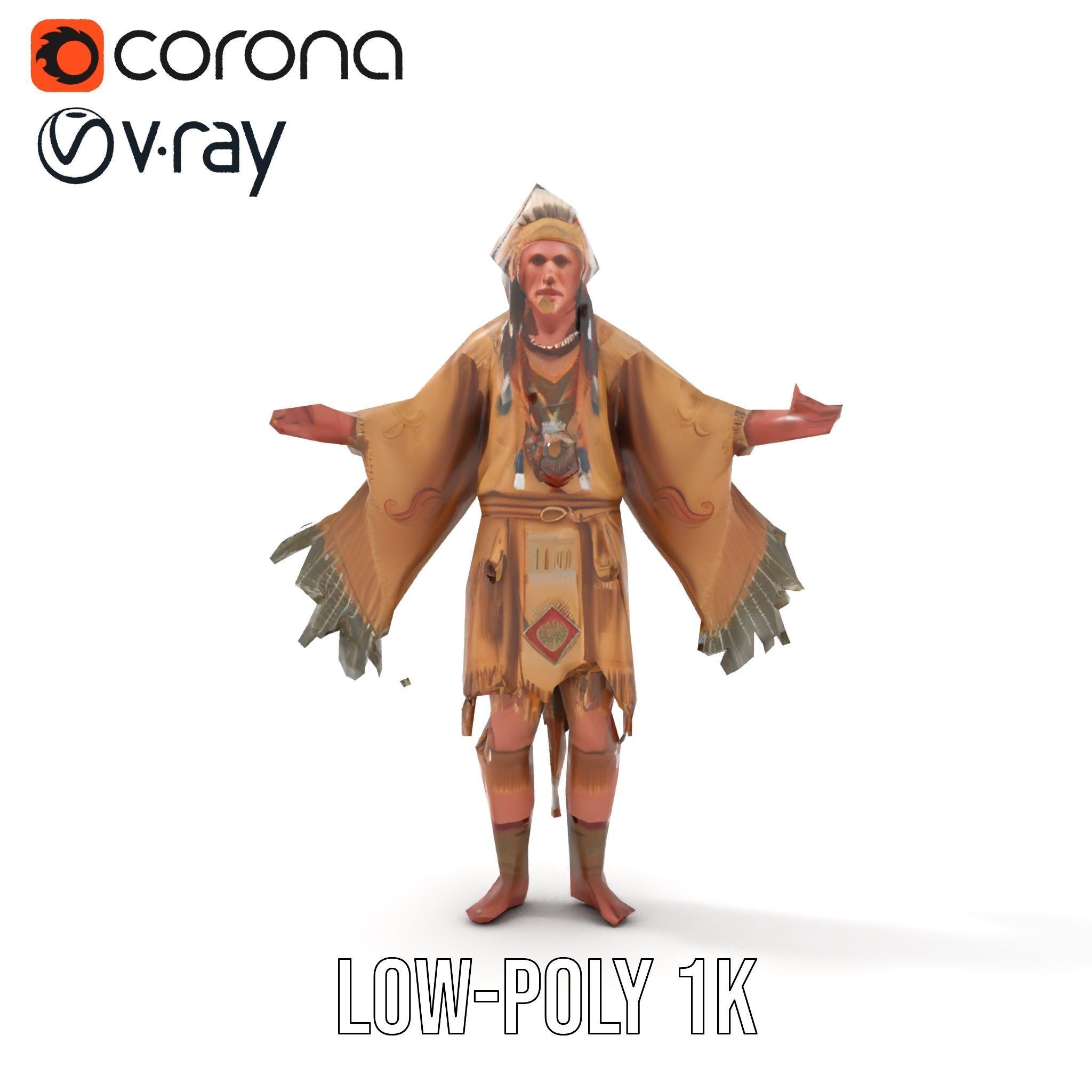 Traditional Tribal Chief Character Model Rigged and Animated Low-poly 3D model_11