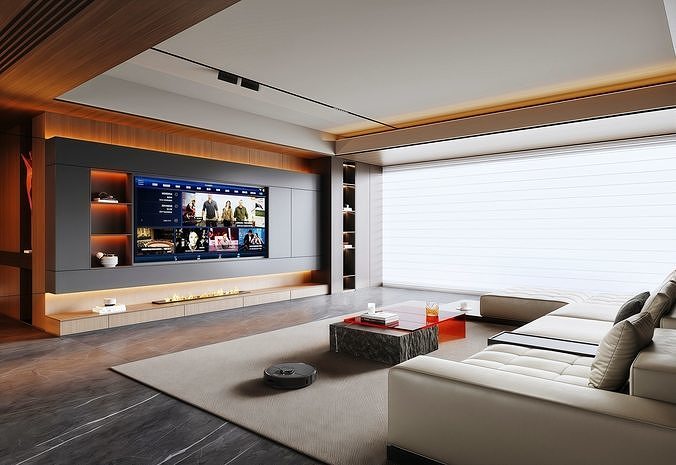Modern Home Theater Living Room with Fireplace 486 3D model