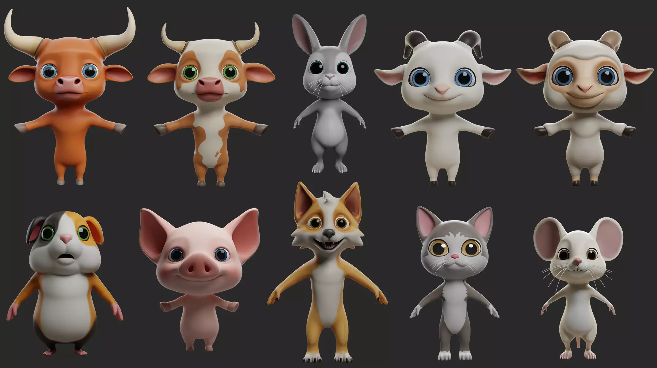 10 Domestic  Animals Cartoon 3D Model Collection_1
