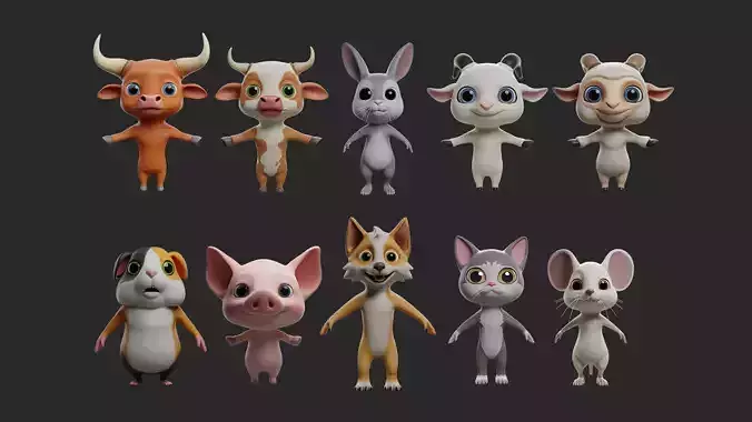 10 Domestic  Animals Cartoon 3D Model Collection