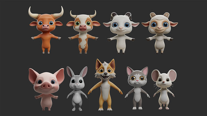 9 Domestic  Animals Cartoon 3D Model Collection