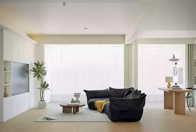 Modern Cream Style Living Room with Black Sofa 469 3D model