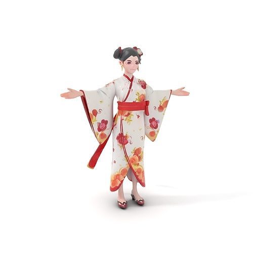 Elegant Kimono Character Rigged and Animated Low-poly 3D model