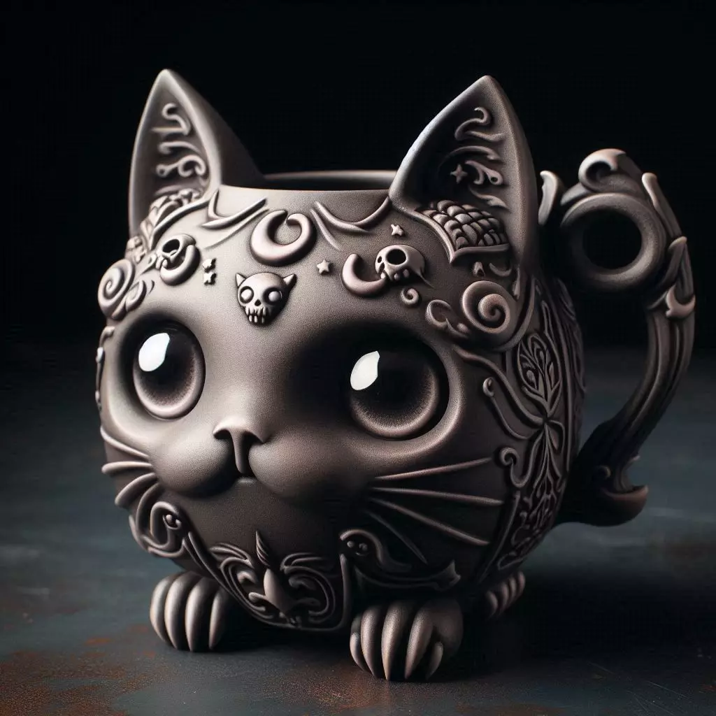 Gothic Cat Mug with Crescent and Skulls 3D print model_0