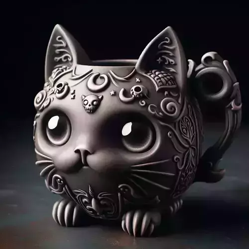 Gothic Cat Mug with Crescent and Skulls