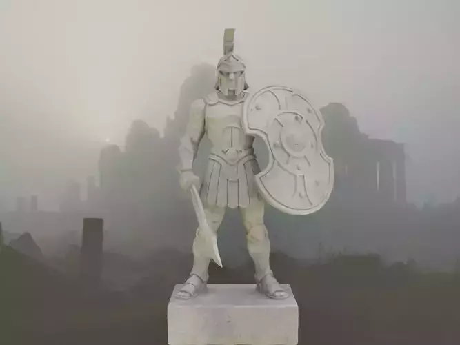 Stylized Ancient Greek Warrior Stone Statue Axe Shield