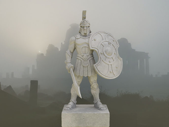 Stylized Ancient Greek Warrior Stone Statue Axe Shield Printable 3D print model