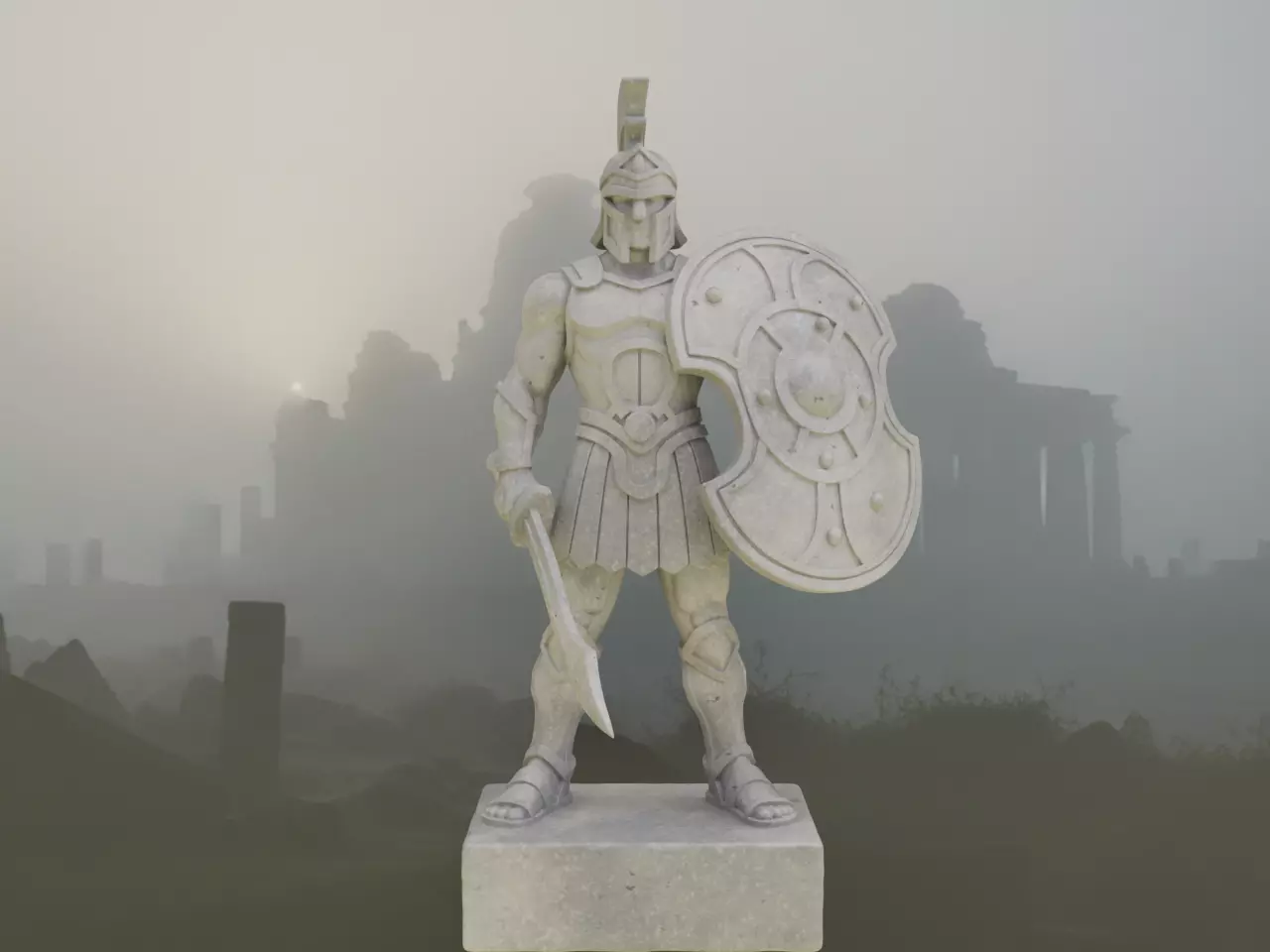 Stylized Ancient Greek Warrior Stone Statue Axe Shield Printable Free 3D print model