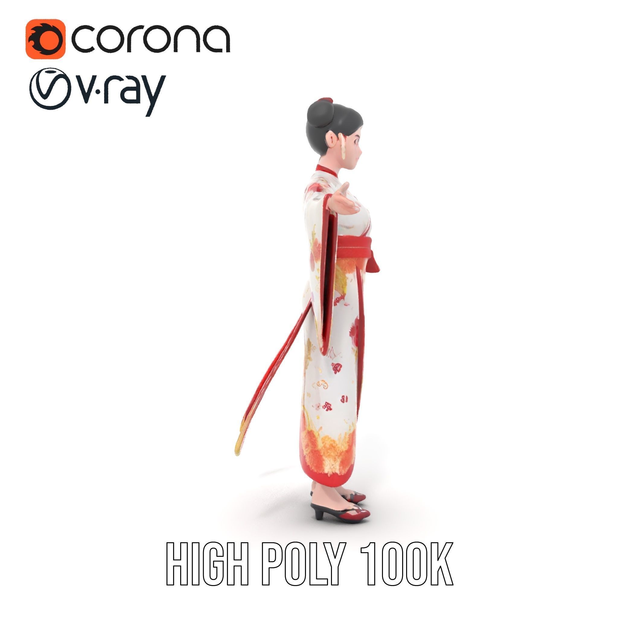 Elegant Kimono Female Character Rigged and Animated Low-poly 3D model_16