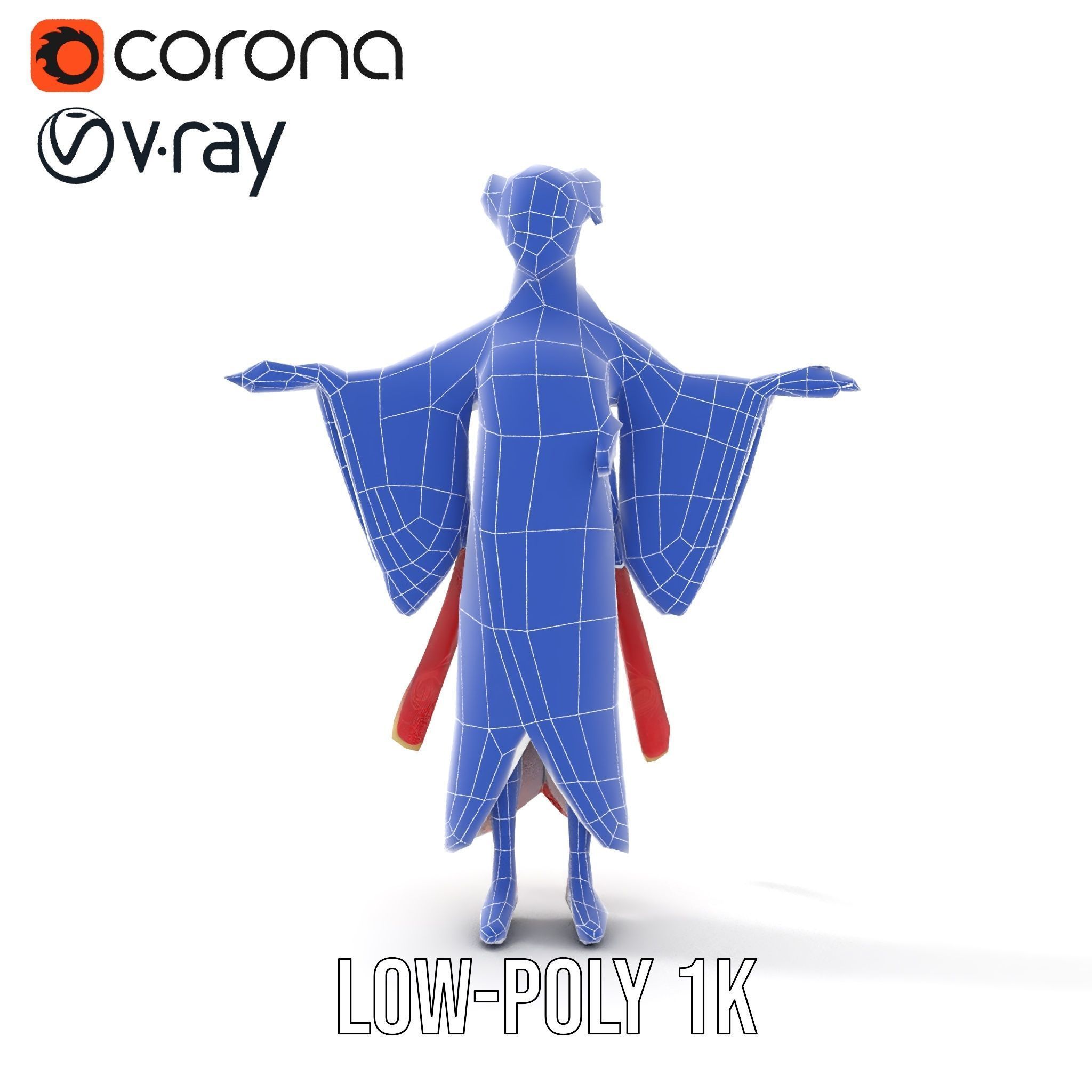 Elegant Kimono Female Character Rigged and Animated Low-poly 3D model_21