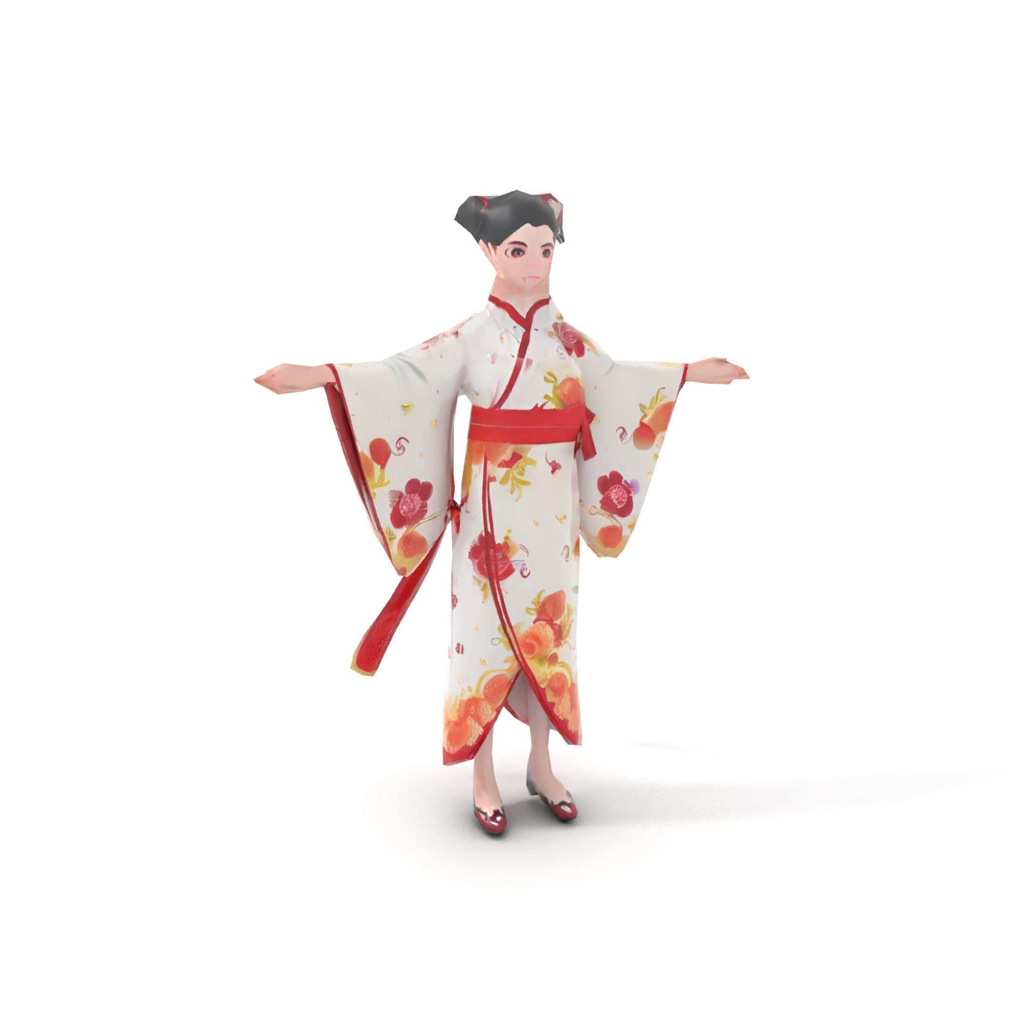 Elegant Kimono Female Character Rigged and Animated Low-poly 3D model_11