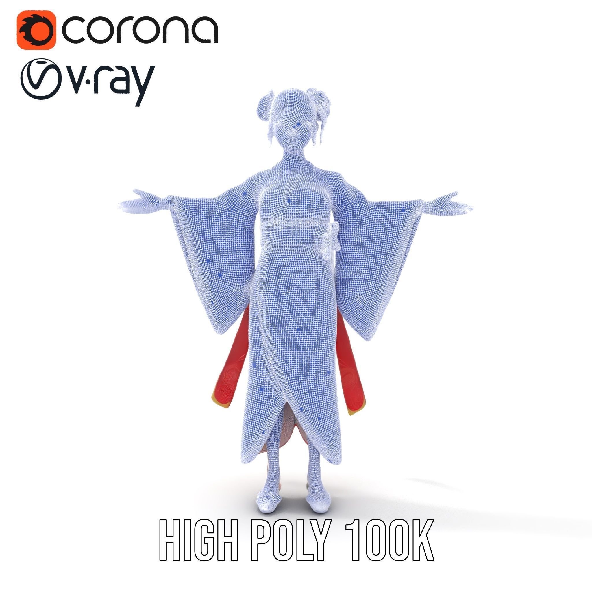 Elegant Kimono Female Character Rigged and Animated Low-poly 3D model_31