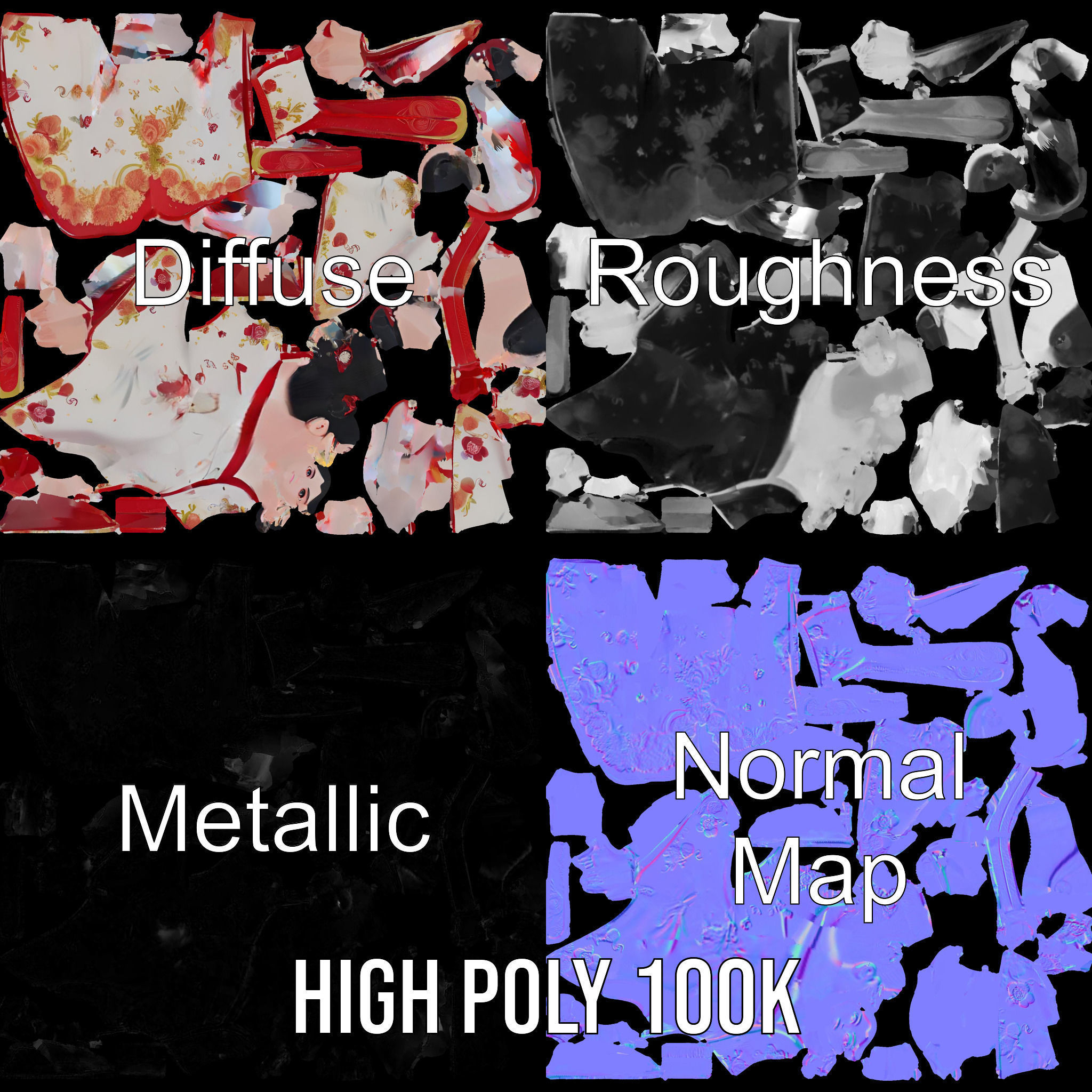 Elegant Kimono Female Character Rigged and Animated Low-poly 3D model_3